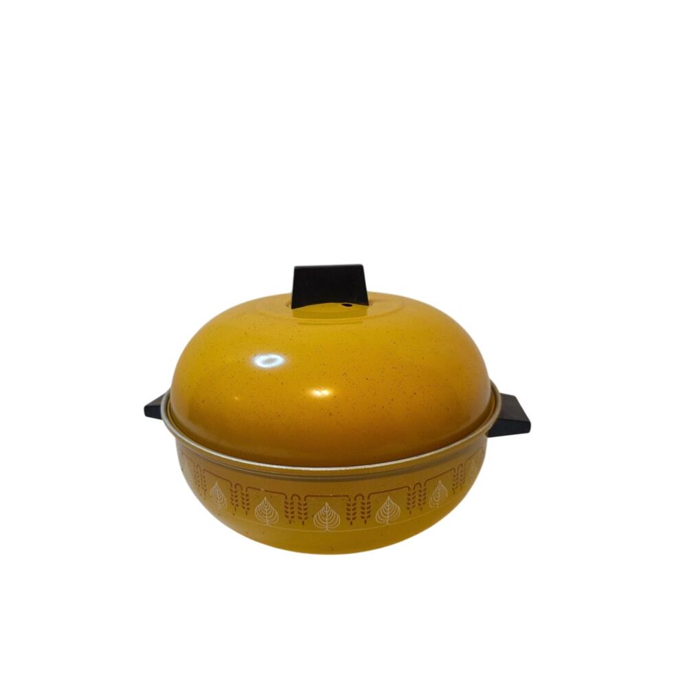 Vintage 70's West Bend 3 Piece Serving Oven Bun Warmer Yellow Autumn Wheat Print